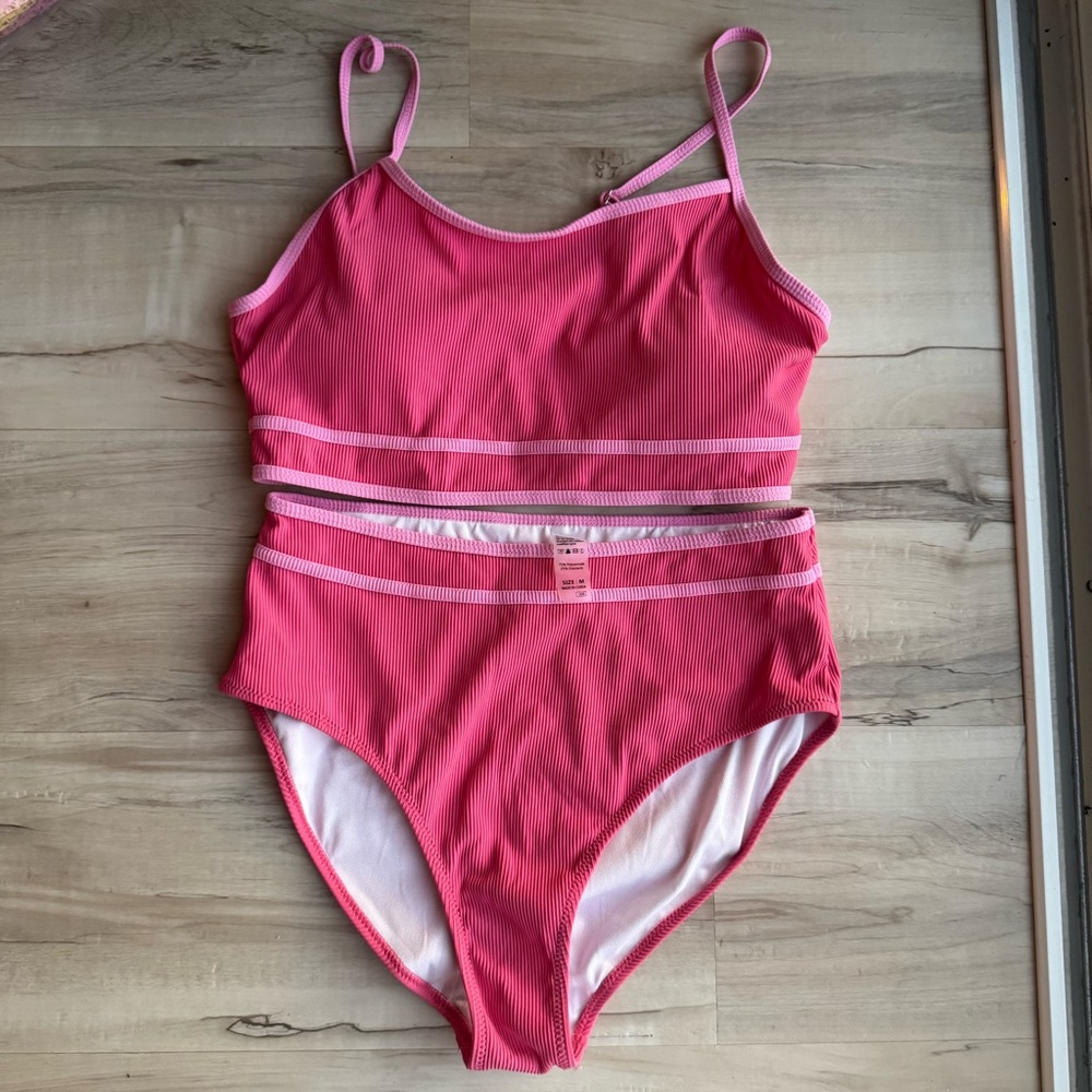 Pink Ribbed High-Waist Bikini Set - Women